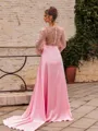 Splendid A-Line Silk Like Satin Pleated V-Neck Long Sleeves Sweep Train Prom Dress