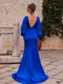 Graceful Sheath Satin Chiffon Appliques Lace V-Neck Long Sleeves Sweep Train Prom Dress