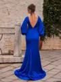 Graceful Sheath Satin Chiffon Appliques Lace V-Neck Long Sleeves Sweep Train Prom Dress