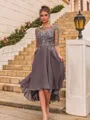 Gorgeous A-Line Chiffon Appliques Lace Scoop 1/2 Sleeves Asymmetrical Guest/Evening/Mother of the Bride Dress