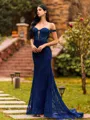 Body-Contouring Sheath Off-the-Shoulder Appliques Lace Sweep Train Lace Corset Prom Dress