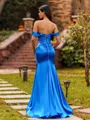 Sultry Sheath Off-the-Shoulder Pleated Sweep Train Silk Like Satin Corset Prom Dress