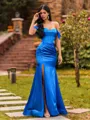 Sultry Sheath Off-the-Shoulder Pleated Sweep Train Silk Like Satin Corset Prom Dress