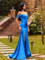 Sultry Sheath Off-the-Shoulder Pleated Sweep Train Silk Like Satin Corset Prom Dress