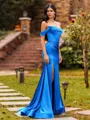 Sultry Sheath Off-the-Shoulder Pleated Sweep Train Silk Like Satin Corset Prom Dress