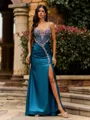 Sleek Sheath V-neck Rhinestone Sweep Train Corset Prom Dress