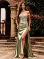 Tight Sheath Off-the-Shoulder Appliques Lace Sweep Train Silk Like Satin Corset Prom Dress