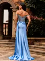 Sensual Sheath Off-the-Shoulder Appliques Lace Sweep Train Silk Like Satin Corset Prom Dress