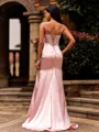 Fashion Sheath V-neck Rhinestone Sweep Train Silk Like Satin Corset Prom Dress