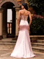 Fashion Sheath V-neck Rhinestone Sweep Train Silk Like Satin Corset Prom Dress