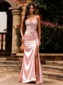 Fashion Sheath V-neck Rhinestone Sweep Train Silk Like Satin Corset Prom Dress