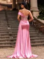 Graceful Sheath One-Shoulder Rhinestone Sweep Train Corset Prom Dress