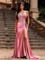 Graceful Sheath One-Shoulder Rhinestone Sweep Train Corset Prom Dress