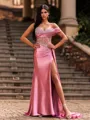 Graceful Sheath One-Shoulder Rhinestone Sweep Train Corset Prom Dress