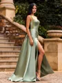 Attention-Grabbing Sheath Square Pleated Sweep Train Satin Corset Prom Dress