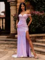 Snug Sheath Off-the-Shoulder Appliques Lace Sweep Train Sequins Corset Prom Dress