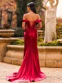 Slinky Sheath Off-the-Shoulder Pleated Court Train Corset Prom Dress