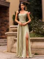 Sophisticated A-line Straight Pleated Sweep Train Corset Prom Dress