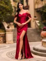 Timeless Sheath Off-the-Shoulder Pleated Floor-Length Silk Like Satin Corset Prom Dress