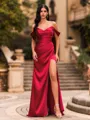 Timeless Sheath Off-the-Shoulder Pleated Floor-Length Silk Like Satin Corset Prom Dress
