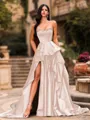 Bold A-line Sweetheart Ruffles Chapel Train Satin Corset Prom Dress