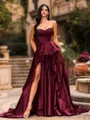 Bold A-line Sweetheart Ruffles Chapel Train Satin Corset Prom Dress