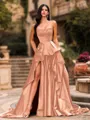 Bold A-line Sweetheart Ruffles Chapel Train Satin Corset Prom Dress