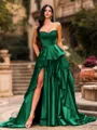Bold A-line Sweetheart Ruffles Chapel Train Satin Corset Prom Dress