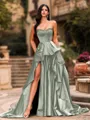 Bold A-line Sweetheart Ruffles Chapel Train Satin Corset Prom Dress