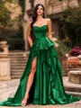 Bold A-line Sweetheart Ruffles Chapel Train Satin Corset Prom Dress