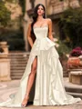 Bold A-line Sweetheart Ruffles Chapel Train Satin Corset Prom Dress