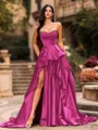 Bold A-line Sweetheart Ruffles Chapel Train Satin Corset Prom Dress