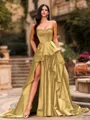 Bold A-line Sweetheart Ruffles Chapel Train Satin Corset Prom Dress