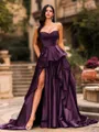 Bold A-line Sweetheart Ruffles Chapel Train Satin Corset Prom Dress