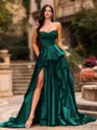 Bold A-line Sweetheart Ruffles Chapel Train Satin Corset Prom Dress
