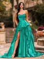 Bold A-line Sweetheart Ruffles Chapel Train Satin Corset Prom Dress