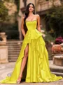 Bold A-line Sweetheart Ruffles Chapel Train Satin Corset Prom Dress