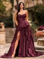 Bold A-line Sweetheart Ruffles Chapel Train Satin Corset Prom Dress