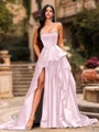Bold A-line Sweetheart Ruffles Chapel Train Satin Corset Prom Dress