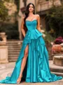 Bold A-line Sweetheart Ruffles Chapel Train Satin Corset Prom Dress