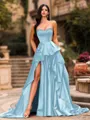 Bold A-line Sweetheart Ruffles Chapel Train Satin Corset Prom Dress