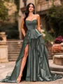 Bold A-line Sweetheart Ruffles Chapel Train Satin Corset Prom Dress