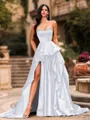 Bold A-line Sweetheart Ruffles Chapel Train Satin Corset Prom Dress