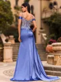 Streamlined Sheath Cold Shoulder Appliques Lace Sweep Train Silk Like Satin Corset Prom Dress