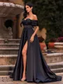 Slinky A-line Off-the-Shoulder Pleated Sweep Train Satin Corset Prom Dress