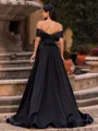 Slinky A-line Off-the-Shoulder Pleated Sweep Train Satin Corset Prom Dress