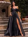 Slinky A-line Off-the-Shoulder Pleated Sweep Train Satin Corset Prom Dress