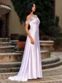 Head-Turning Sheath Cold Shoulder Pleated Sweep Train Silk Like Satin Corset Prom Dress