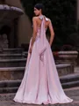 Dreamy A-line Halter Beading Sweep Train Silk Like Satin Prom Dress