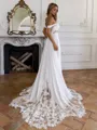 Mesmerizing A-line Off-the-Shoulder Appliques Lace Chapel Train Chiffon Corset Wedding Dress